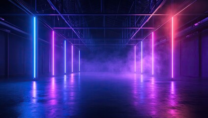 Fototapeta premium Industrial neon-lit space with fog