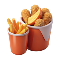Crispy Fried Chicken Wings and French Fries in Orange Buckets Isolated on a transparent background image