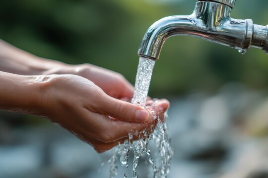 Eco friendly resource usage display Clean water idea Woman s hands near faucet flow Water flowing from chrome tap Conservation concept environmental safeguard
