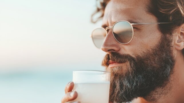 A contemplative man with a beard enjoys a refreshing drink while gazing at a stunning sunset by the beach. This image encapsulates relaxation and reflection in a serene setting. - Powered by Adobe