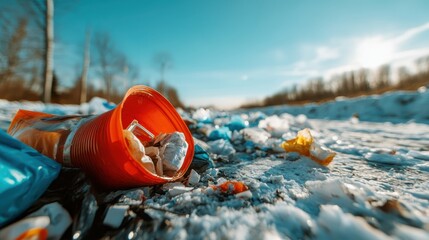A stark image showing litter strewn across a snowy landscape, highlighting environmental concerns and the impact of pollution in a visually striking context.