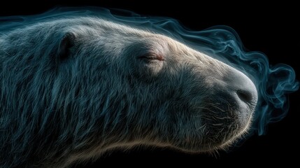 Close-up profile of a white mammal, smoky