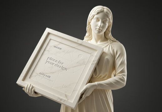Woman Virgin Statue Holding Square Frame Photo Poster Relieve Mockup