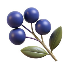 Dark Blue Berries Branch with Green Leaves 3 D Render Isolated on a transparent background image