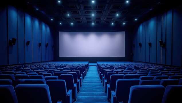 Vast cinema auditorium with rows of blue curved seats facing empty illuminated screen, high angle rear view capturing spacious interior architecture and hyperreal cinematic atmosphere.