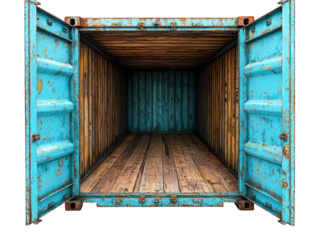 Open shipping container, teal blue, weathered metal, wooden interior