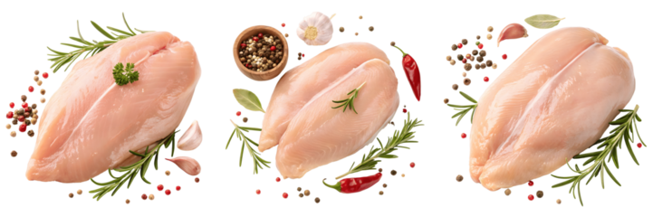 Set for Three raw chicken breasts with herbs and spices isolated on transparent background, PNG