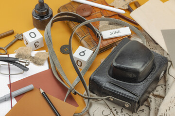 Flat lay composition with vintage journalism tools, press freedom, open-source investigation