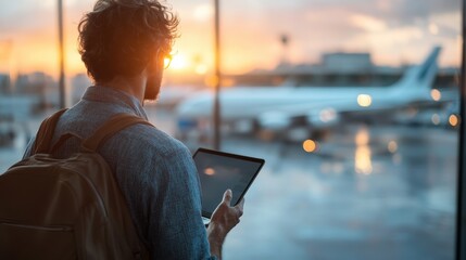 A reflective moment captured of a traveler gazing at a beautiful airport sunset, conveying themes of nostalgia, journey, and the anticipation of adventure ahead.