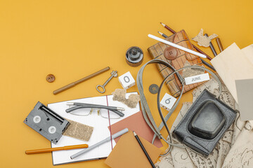 Flat lay composition with vintage journalism tools, press freedom, open-source investigation