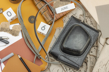 Flat lay composition with vintage journalism tools, press freedom, open-source investigation