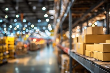 Obraz premium Blurred warehouse and factory background with bokeh lights illustrating logistics and cargo distribution