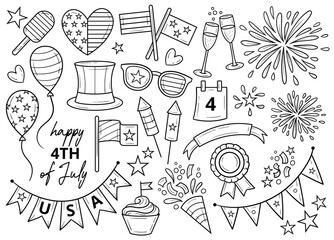 4th of July isolated clip art, Independence Day USA black and white line art cute drawings, holiday vector design elements, doodles cartoon detailed illustration, hand drawn stickers outline drawings