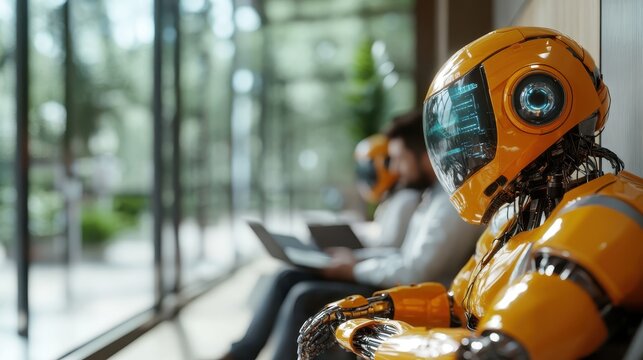 A futuristic yellow robot sits calmly in a contemporary space filled with people, symbolizing the merge of artificial intelligence and human interaction. - Powered by Adobe