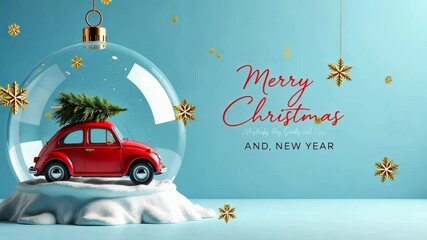 Christmas banner in pastel blue with red car and a Christmas tree figurine captured in a delicate snow globe, greeting card, merry Christmas - Powered by Adobe