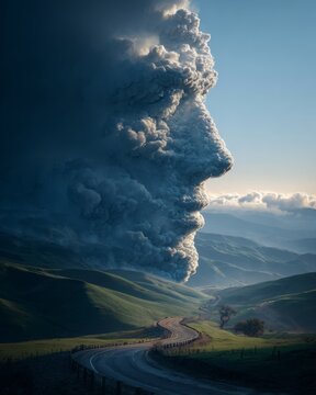 Abstract human face dissolving into clouds on rolling hills, surreal fusion of identity and environment