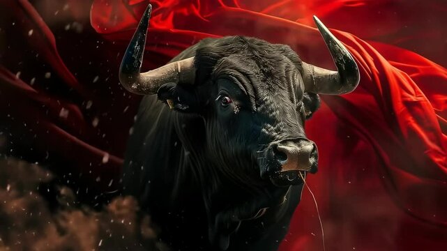 angry black bull and red cloth, dynamic shot of a bullfight