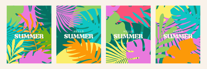 Set of summer colorful abstract posters with tropical leaves. Botanical jungle leaves and floral frame. Design template for discount, ad, branding, banner, cover, label, poster, sale.