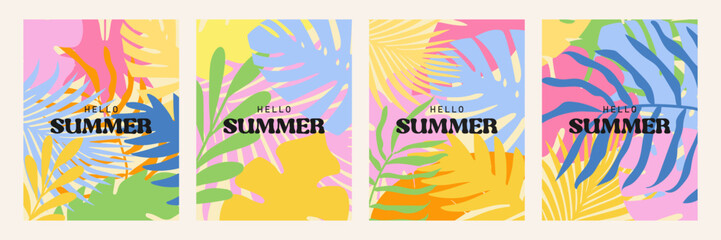 Set of summer colorful abstract posters with tropical leaves. Botanical jungle leaves and floral frame. Design template for discount, ad, branding, banner, cover, label, poster, sale.