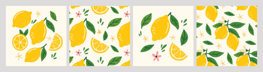 Set of colorful posters with hand drawn lemons, leaves and flowers. Dolce vita aesthetics. Ideal for designing postcards, banners, posters, menus, social media	