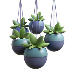 Five Hanging Plants Teal Purple Spherical Pots Silhouette 3 D Render Isolated on a transparent background