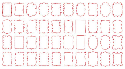 Set of elegant hand-drawn decorative frames with a delicate red outline. Frame features a unique wavy, curly, or looped border and different shapes. Design perfect for invitations, greeting card, menu