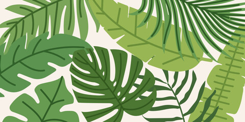Summer banner with green tropical leaves. Botanical jungle leaves and floral background. Design template for postcards, ad, branding, banner, cover, label, poster, sale.
