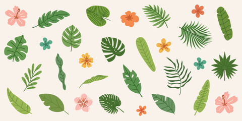 Set of summer green tropical leaves. Botanical jungle plants, leaves and flowers. Flat hand drawn illustration. Summer illustrations on exotic theme