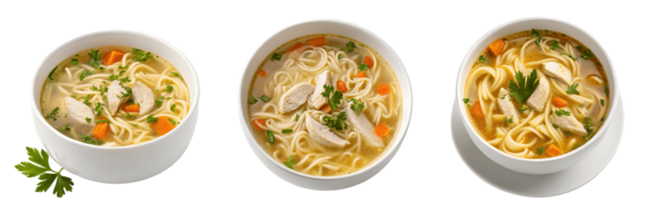 Set for Chicken noodle soup bowls isolated on transparent background, PNG