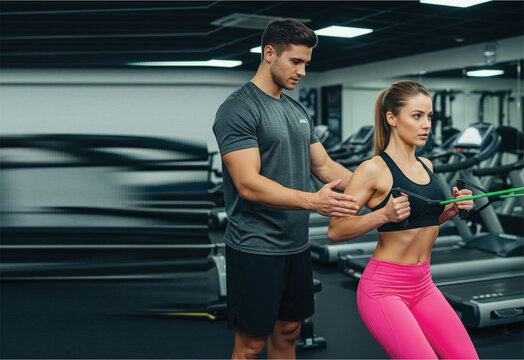 Gym scene, trainer assisting client doing resistance band workout.