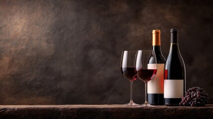 An artistic display of red wine bottles next to two elegant wine glasses, capturing a rich sensory experience perfect for fine dining or intimate gatherings.