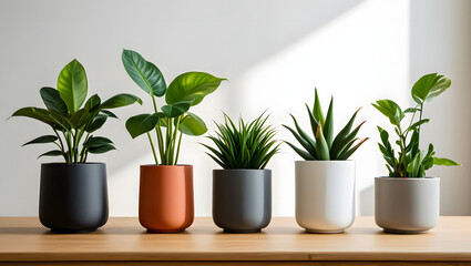 Obraz premium Collection of Potted Plants on Wooden Surface Against a White Wall