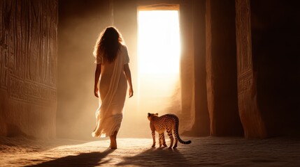 A captivating silhouette of a woman walking alongside a cheetah in a sunlit ancient corridor, exploring the connection between humans and wildlife in harmony.