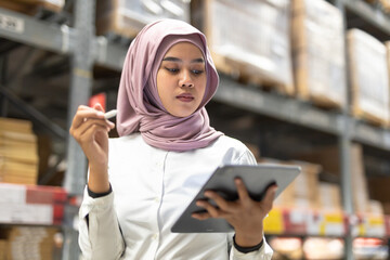 Young muslim women wearing hijab smiles while holding tablet checking goods stock inspacious warehouse. Female islamic worker at large storage facility.