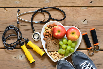 Healthy Lifestyle Concept with Fruits Nuts Stethoscope and Exercise Equipment on Wood
