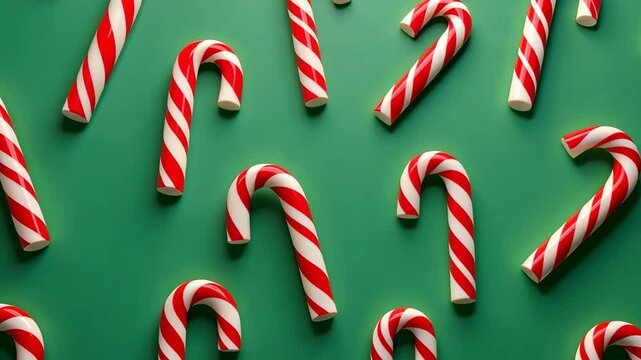 vibrant display of red and white candy canes on a green background, evoking the festive spirit of Christmas, zoom in
