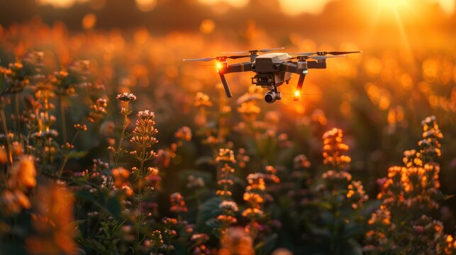 A breathtaking aerial view of a drone capturing a vibrant field of flowers bathed in golden sunset light, showcasing the beauty of nature and technology.