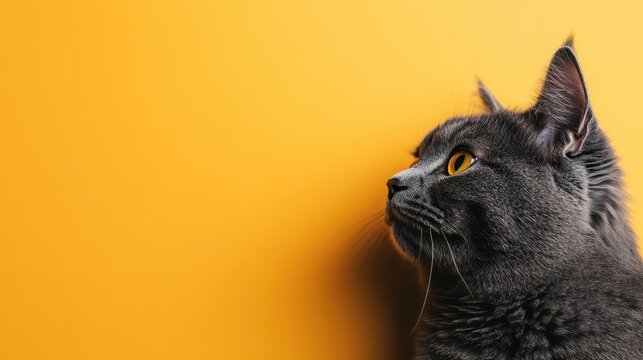 A striking close-up of a gray cat with expressive eyes, elegantly captured against a vibrant yellow background, highlighting the beauty and grace of felines.
