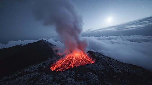 A breathtaking view of an active volcano erupting with molten lava against a starry night sky, emphasizing nature's raw power and beauty.