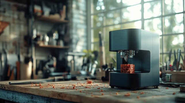 An innovative 3D printer stands on a workbench surrounded by various tools, showcasing modern technology's impact on creative craftsmanship in a charming workshop environment.