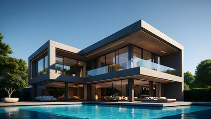 Fototapeta premium Modern Luxury Home with Swimming Pool and Contemporary Design Architecture