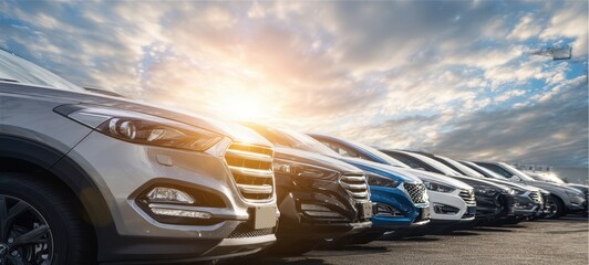 Obraz premium The lineup of modern cars at sunset against a dramatic sky background.