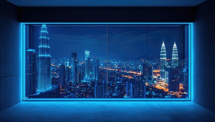 Modern room, city skyline, night view