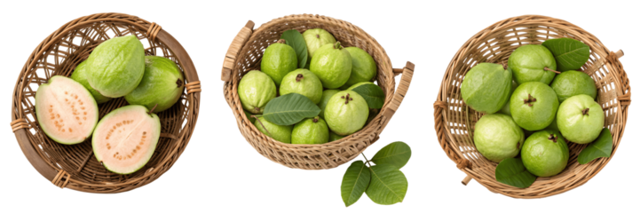 Set for Three wicker baskets filled with fresh green guavas isolated on transparent background, PNG