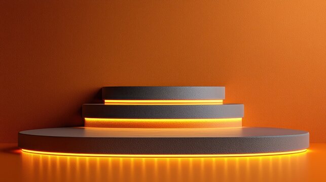 A 3D rendered, minimalist podium with glowing orange lines