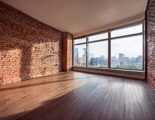 Obraz premium minimalist empty room with large windows brick wall and wooden floor studio with natural light and city view