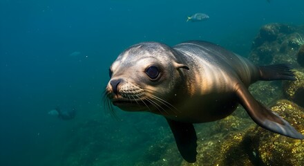 Fototapeta premium Sea lion, Underwater, Ocean, Underwater Portrait of a Curious Sea Lion