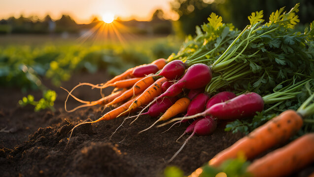 Freshly harvested carrots and radishes lying on rich soil at sunset in a field - Powered by Adobe