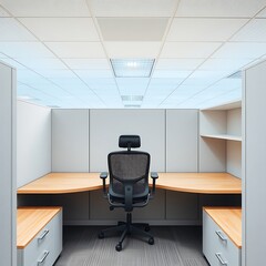 Empty office cubicle with chair and desk