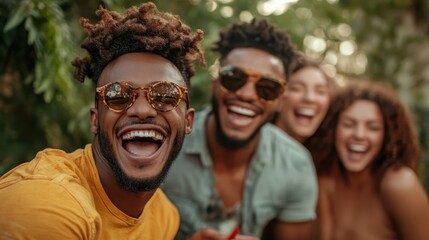 A group of four diverse friends smiles and laughs together outdoors in a lush setting, embodying joy, friendship, and the warmth of shared companionship under the sun.